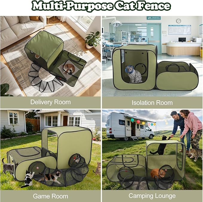 Cat Playpen, 3-in-1 Pop-up Outdoor Cat Enclosure with 2 Rooms 1 Tunnel, Breathable Pet Playpen for Indoor Outdoor Use, Portable Catio Tent with Carry Bag for Kitten Rabbit Small Animals, Green