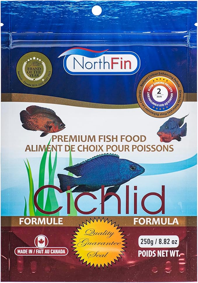 Northfin Cichlid Formula Fish Food – Slow Sinking Pellets for Cichlids (2mm, 250g) | Premium High-Protein, All-Natural Cichlid Diet to Enhance Color & Growth – No Fillers, No Hormones, Made in Canada