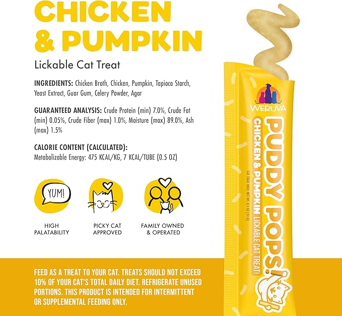 Weruva Puddy Pops, Chicken and Pumpkin Lickable Cat Treats, 0.5oz Tube, Pack of 50