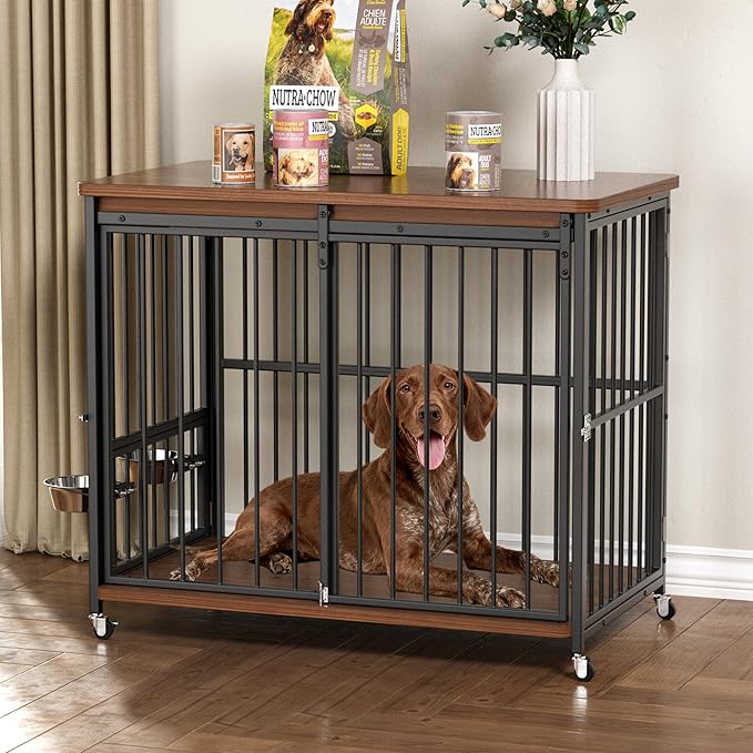 Dog Crate Furniture, 41’’ Wooden Dog Kennel Indoor with Sliding Front Door, Multi-Side Openings & Feeding Window Pet Cage House as TV Stand
