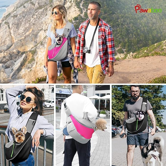 Pawaboo Hand Free Dog Sling Carrier, Breathable Mesh Bag for Pet Puppy Cat, Drawstring Dog Papoose with Adjustable Strap and Pocket, Crossbody Dogs Purse for Travel Outdoor, M, Black