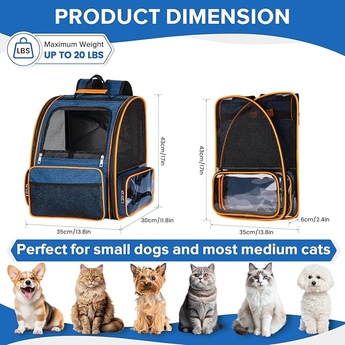 Discala Cat Backpack Carrier for Medium Small Dog Cat up to 20lbs, Pet Carrier Backpack, Ventilated Mesh Soft Sided Dog Backpack Carrier for Travel, Hiking, Outdoor Use - Blue