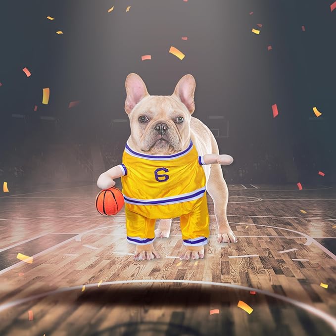 DELIFUR Dog Basketball Player Costume - Pet Halloween Costume Adjustable Funny Dress Up Sports Outfit Cosplay Clothes for Small Medium Dog (Yellow Basketball, Large)