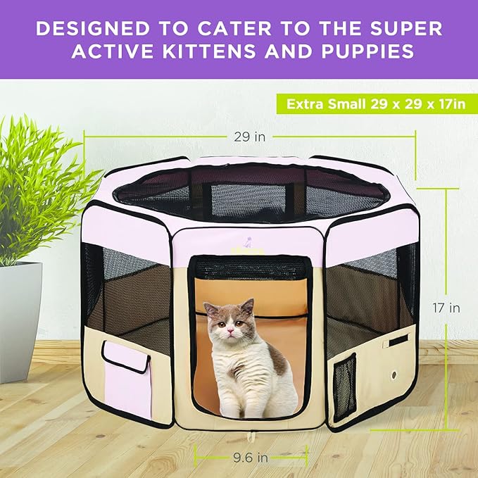 Zampa Puppy Pop Up Portable Playpen for Dog and Cat, Foldable | Indoor/Outdoor Kitten Pen & Travel Pet Carrier + Carrying Case (Pink, Extra Small (29"x29"x17"))