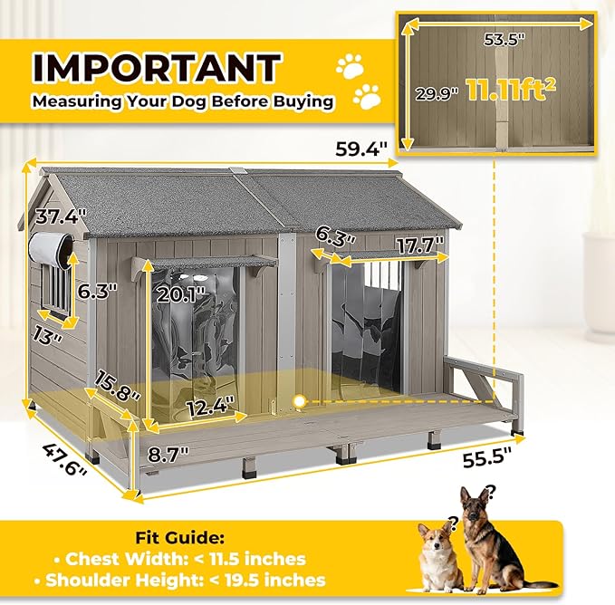 59" L Extra Large Dog House Outdoor for 2 Dogs, XL Wooden Dog House Pet Shelter Weatherproof with 2 Window, Openable Roof, All-Around Iron Frame, Removable Floor, Balcony for Large Small Dogs