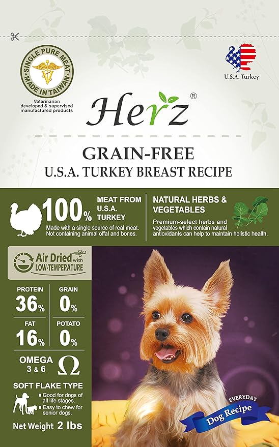 Herz Air-Dried Dog Food, Pup Food for All Life Stages, Ideal for Picky Eaters, Single Pure-Meat, Grain Free, All Natural, High Protein, Limited Ingredients, 2 lb U.S.A Turkey Breast Recipe.