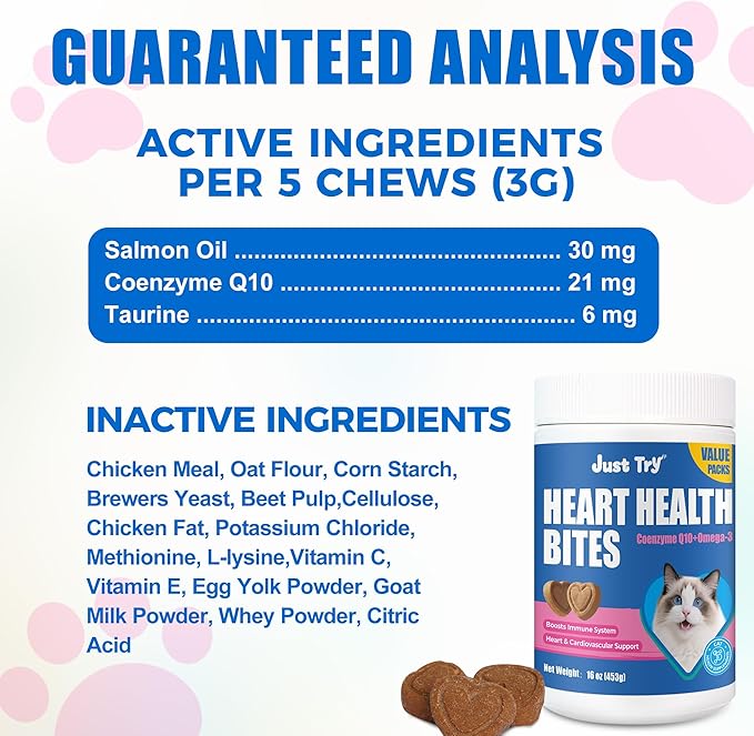 Just Try 16 OZ Coenzyme Q10 Heart Heathy Bites for Cats Value Packs - Advanced Coq10 & Taurine Supplement for Feline Heart Health - Chicken Flavored Soft Chews - Supports Heart Function