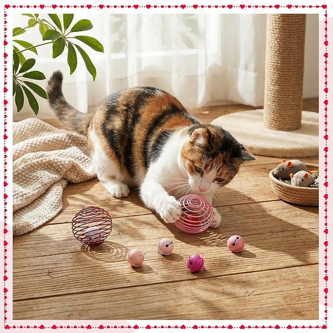 Jecery 5 Pcs Cat Spring Balls Toys Stretchable Rolling Balls Colorful Playful Coils Interactive Action Toy Caged Rats for Kitten Pet Supplies (Bell,Pink Red)