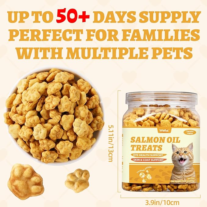 Wellix 13.05oz Salmon Oil for Cat Treats - Omega-3 for Skin and Coats Supports - Taurine, Vitamins Treats for Indoor Cats - Healthy Crunchy Kitten Snacks for Training,Food Toppers