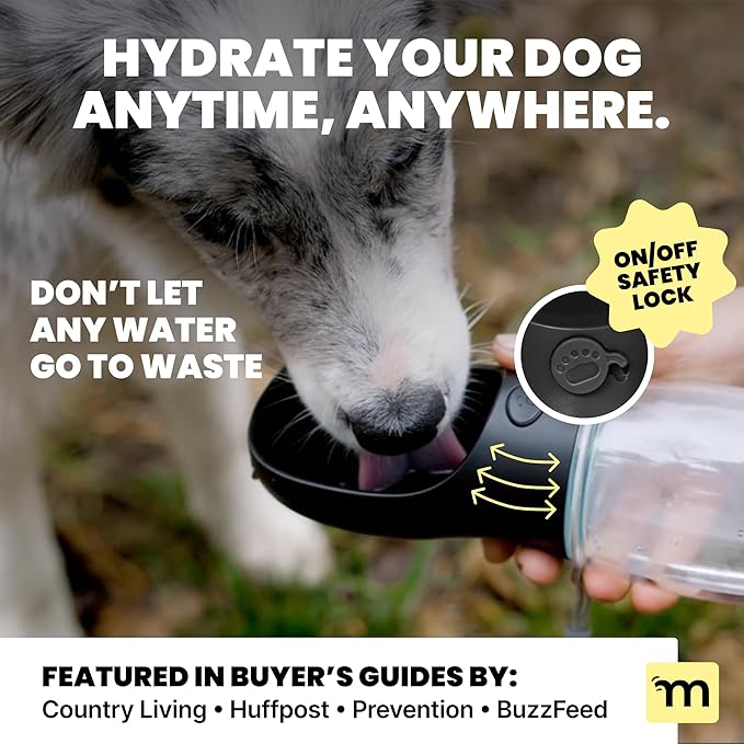 MalsiPree Dog Water Bottle Dispenser - 12 oz Black - Leak-Proof Lock & One-Hand Operation - On The Go Dog Water Dispenser - Pet Travel Bottle with Built-in Bowl, Travel & Hiking Ready