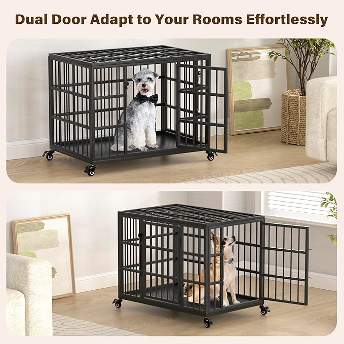 VERIFURTY 30 Inch Heavy Duty Dog Crate for Medium and Small Dogs with Self-Locking Latch, Escape-Proof Steel Kennel Indoor, Double Door Metal Pet Cage with Wheels and Removable Floor