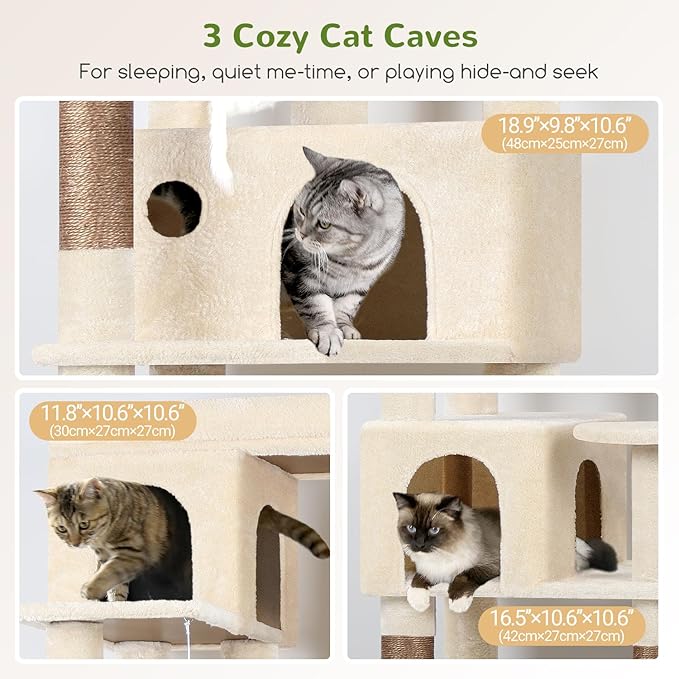 Globlazer Corner Cat Tree 66 inch Multi-Level Climbing Tower Kitty Condos Cat Scratching Tower for Indoor Multiple Cats with Large Platform, 3 Cat Caves, F66, Beige