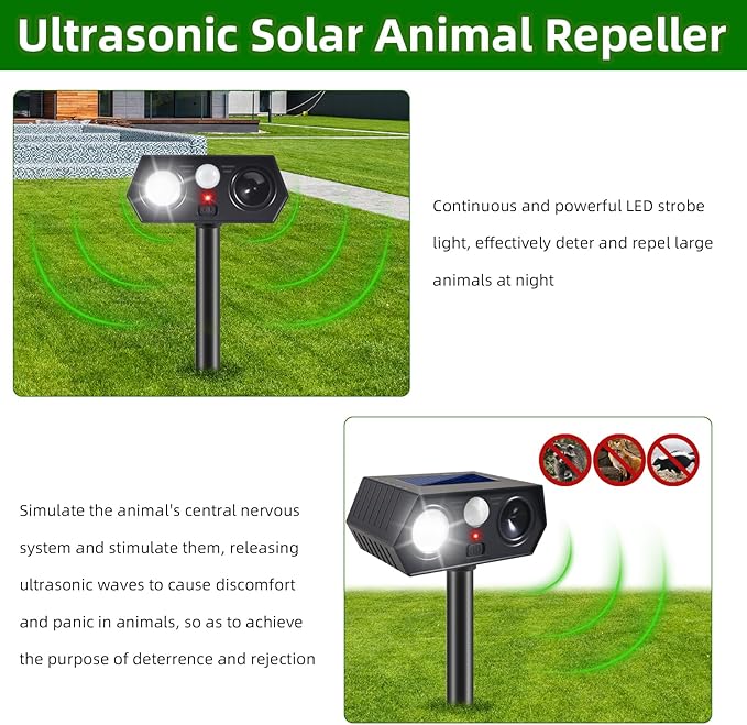 2026 Solar Ultrasonic Animal Repellent Outdoor, Deer Cat & Dog Deterrent, Motion Sensor Rabbit Squirrel Raccoon Skunk Repeller with LED Flash for Yard, Solar Scare Devices (4 Pack)