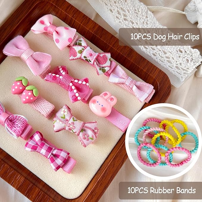 10pcs Blush Pink Dog Hair Clips 10pcs Colorful Rubber Bands Small Dog Bows Cute Pet Grooming Accessories Alligator Clips Stay In Hair Barrettes Hairpin Pet Headdress Yorkie Puppy Maltese Girls Dogs