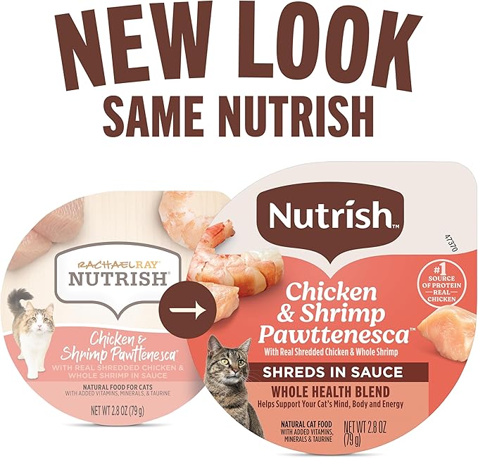 Nutrish Grain Free Wet Cat Food Chicken & Shrimp Pawttenesca Whole Health Blend with Real Shredded Chicken & Whole Shrimp in Sauce, 2.8 oz. Cup (Rachael Ray) (Pack of 12)