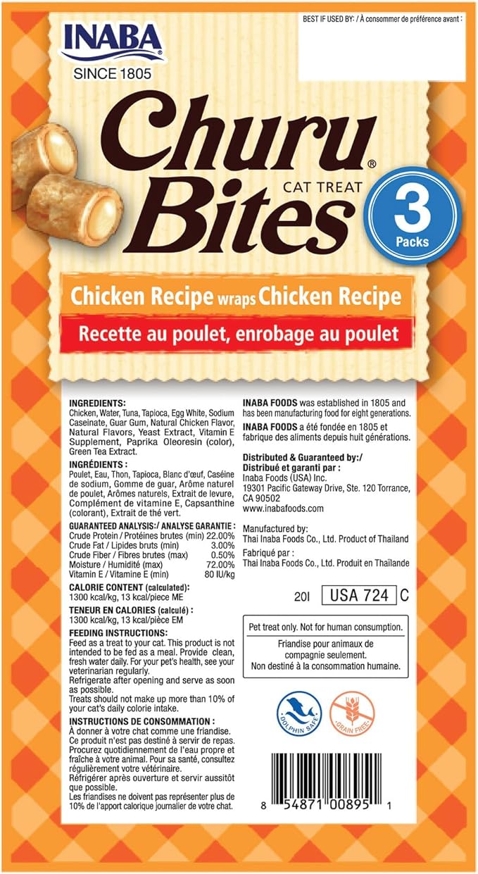 INABA Churu Bites for Cats, Soft/Chewy Baked Chicken Wrapped Churu Filled Cat Treats with Vitamin E, 0.35 Ounces per Tube, 18 Tubes Total (3 Tubes per Pack), Chicken Recipe