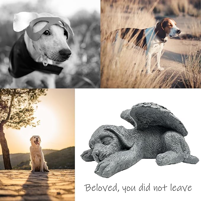 Small Dog Angel Pet Memorial Grave Marker Tribute Statue，Resin Sleeping Dog Statue with Wings for Garden,Indoor,Pet Grave Markers,and Loss of Sympathy Gift(Gray)