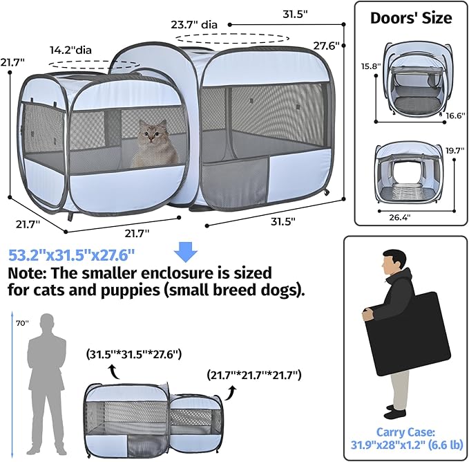 EighteenTek® 2-in-1 Portable Cat Playpen, Detachable into 2 Separate Cages with Additional 2 Doors, Pop up Pet Play Pen Cat Tent House, Foldable Puppy Enclosure Kitten Crates Indoors Outdoor(Grey)