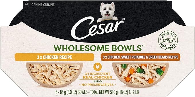 Cesar Wholesome Bowls Adult Wet Dog Food, Chicken Recipe and Chicken, Sweet Potatoes & Green Beans Recipe Variety Pack, Wet Food for Dogs, 3 Oz. Bowls, 6 Count