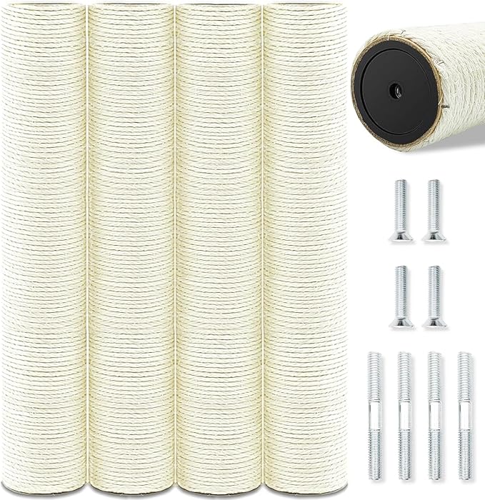 4 PCS Cat Scratching Post Replacement, 15.7in M8 Sisal Cat Tree Replacement Posts with Screws, Natural Sisal Refill Poles for Indoor Cat Tree Repair