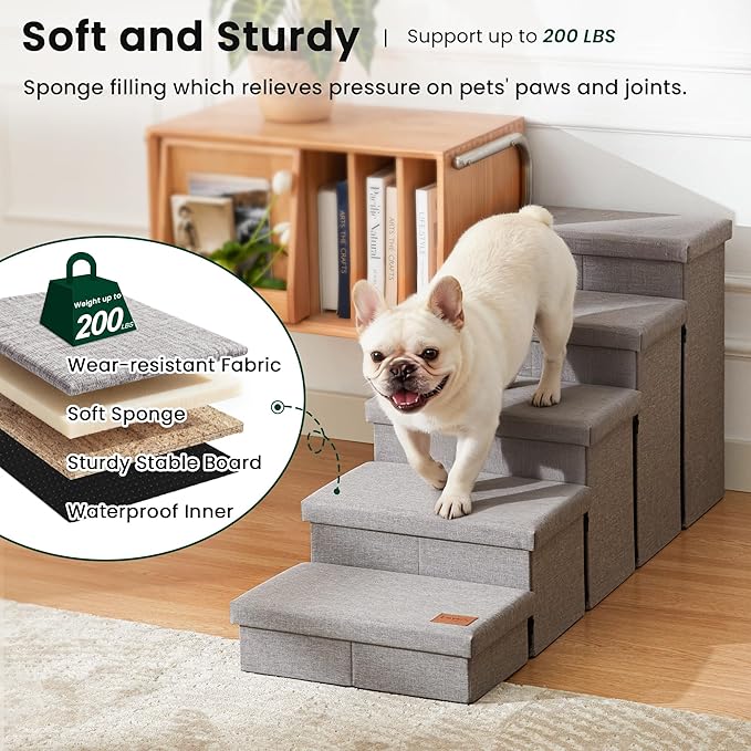 Love's cabin Dog Stairs for High Bed 22" H, Foldable Pet Stairs for Small Medium or Large Dogs Puppy with Storage for Bed or Couch, Cat Dog Steps Ramp with Zip up to 200 lbs, Solid Grey, 5 Steps