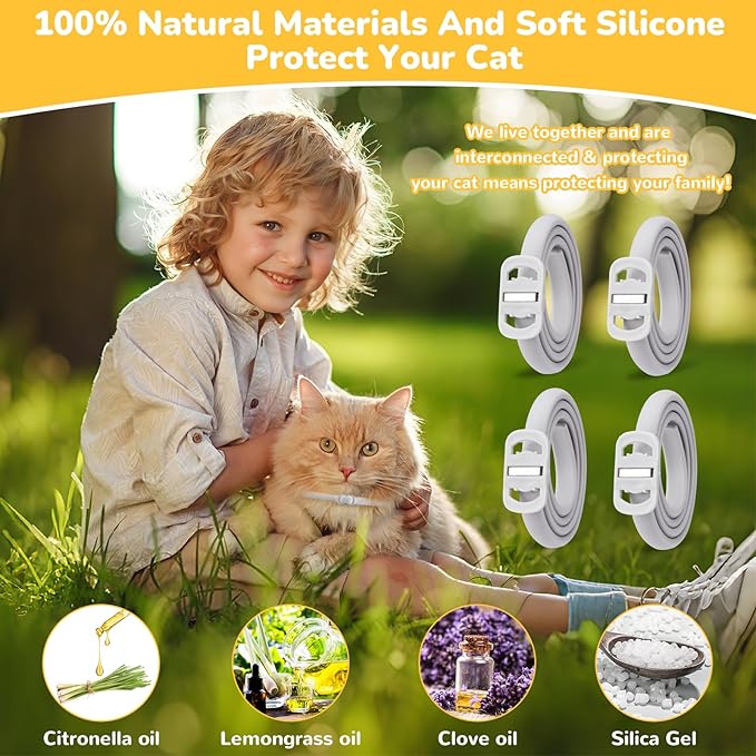 4 Pack Natural Flea Collar for Cats – 8 Months Long-Lasting Protection, Waterproof Cat Flea Collar, Adjustable Cat Flea and Tick for Kittens & Adult Cats