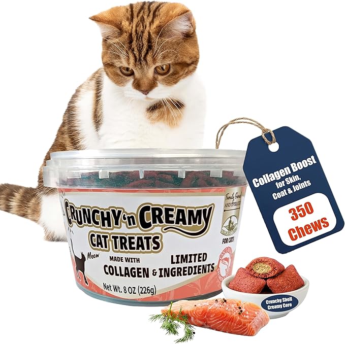 Fieldcrest Farms Nothin’ to Hide Collagen Cat Treats – Crunchy & Creamy Cat Snacks, High-Protein Healthy Treats for Skin, Coat & Joint Support, Salmon Flavor, 8 oz.