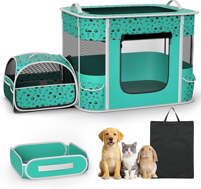 Cat Playpen - Portable Dog Playpen with Litter Box, Foldable Soft Dog Crate for Indoor/Outdoor, Pop Up Cat Enclosure, Collapsible Puppy Kitten Rabbit Cage Tent，2-Room