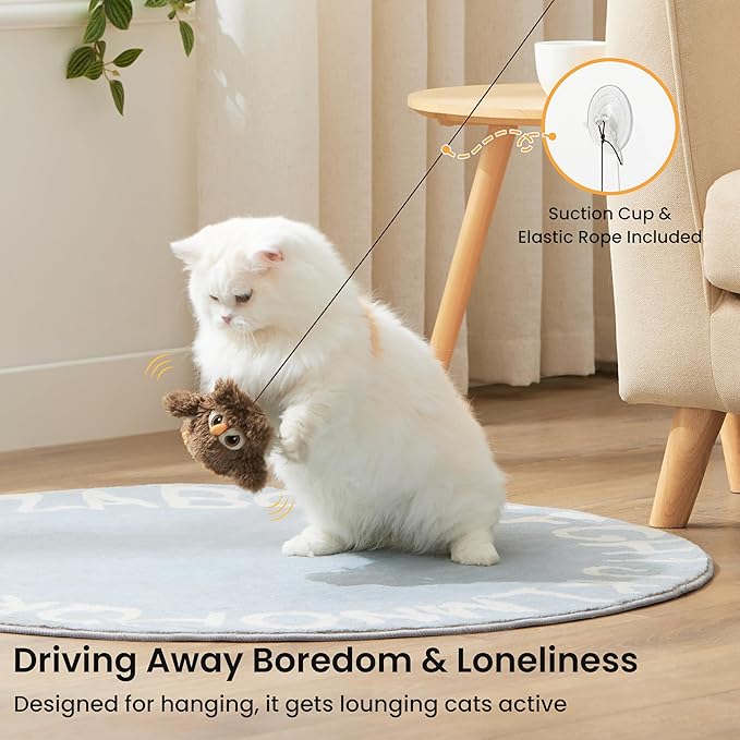 Flappy Bird Cat Toy, Interactive Flapping Chirping Bird Cat Toy with Catnip Bag for Indoor Bored Alone Kitten, Automatic Rechargeable Touch Activated Owl Kitty Toy (No Flying), Brown
