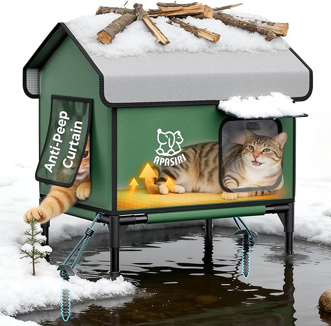 Apasiri Heated Outdoor Cat House Weatherproof - Insulated Cat Shelter with Thermostatic Heating Pad, Water Resistant 900D Oxford Feral Cat House with Anti-Peep Curtains Escape Door for Winter, Small
