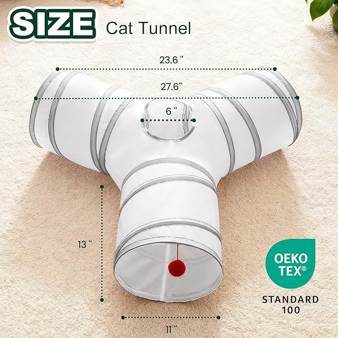 Love’s Cabin Cat Tunnel for Indoor Cats, 3-Way Collapsible Play Tunnel with Teaser Wand, Peek Holes & Toy Ball, Small Pet Toy for Kittens & Rabbits, White & Light Grey, Small Size