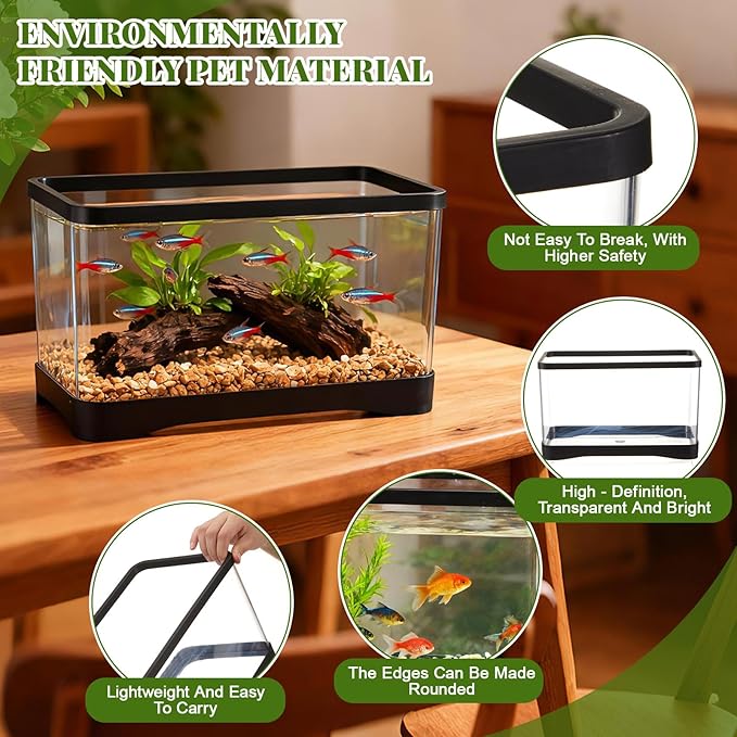 Geelin 2 Gallon Plastic Rectangular Fish Tank, Aquarium for Betta Fish Reptiles Succulents Flower Centerpiece, Shatterproof with Clear Clarity for Home Office Desktop Decors(Black)