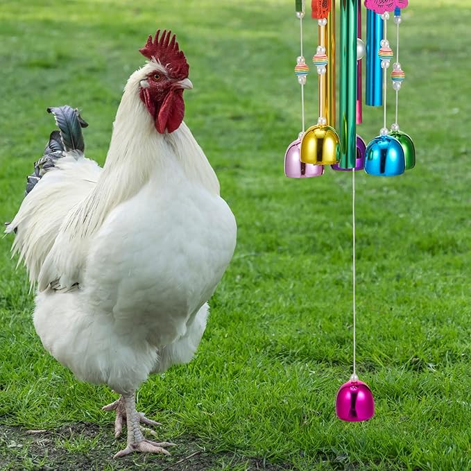7 Pcs Chicken Toys, Hanging Chicken Wind Chime, 2 Pcs Coop Mirror Toys with Bells 4 Pack Beak Grinding Stones, Musical Coop Accessories for Hens Roosters Chicks Poultry Birds(Yellow，Green)