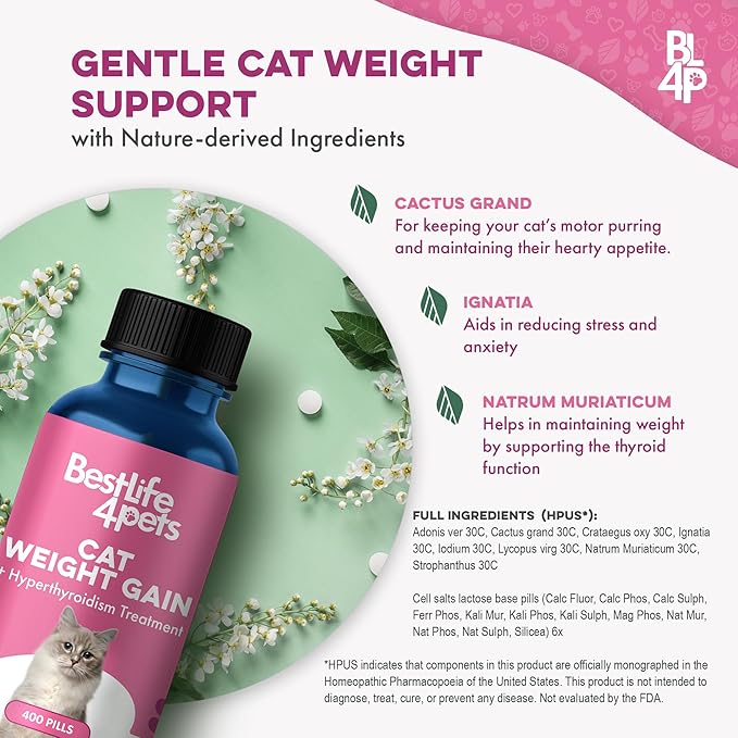 Cat Weight Gainer & Thyroid Support – Natural Appetite Stimulant for Cats, Underweight Kittens or Senior Cats Showing Restlessness and Poor Coat – 400 Odorless Pills Help Improve Daily Eating