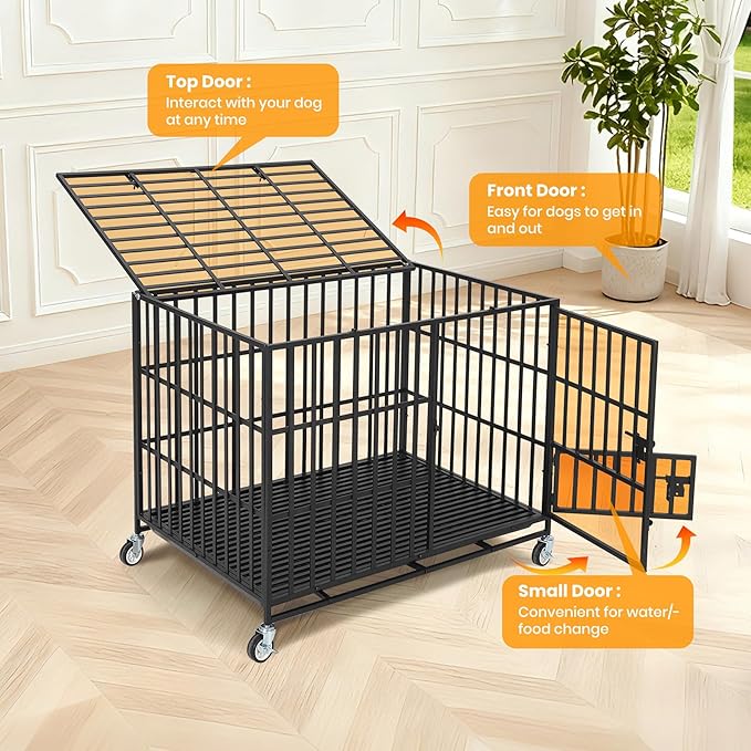 36 Inch Heavy Duty Dog Crate with Wheels, Escape Proof Metal Kennel with 3 Doors & Removable Tray for Large Medium Dogs, Black