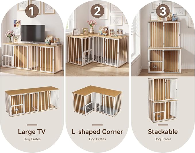 80.7" Double Dog Crate Furniture, Large Breed Dog Crate TV Stand with Swivel Bowls, Heavy Duty Wooden Double Dog Kennel with Removable Divider for 2 Medium Dogs (White)
