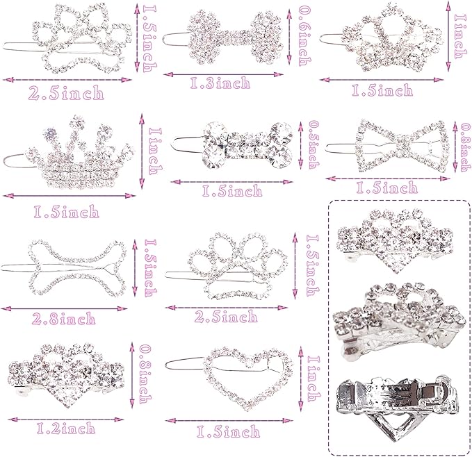 PET SHOW 10pcs Crystal Small Dogs Hair Clips Tiara Bone Paw Heart with 200pcs Rubber Bands Grooming Hair Accessory