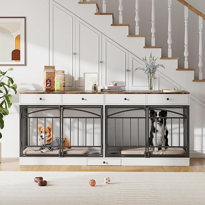 GAOMON Dog Crate Furniture for 2 Dogs, 78.7'' Large Dog Kennel Indoor with 4 Storage Drawers and Feeding Bowls, Double Dog Crate TV Stand for Small and Medium Dogs, White