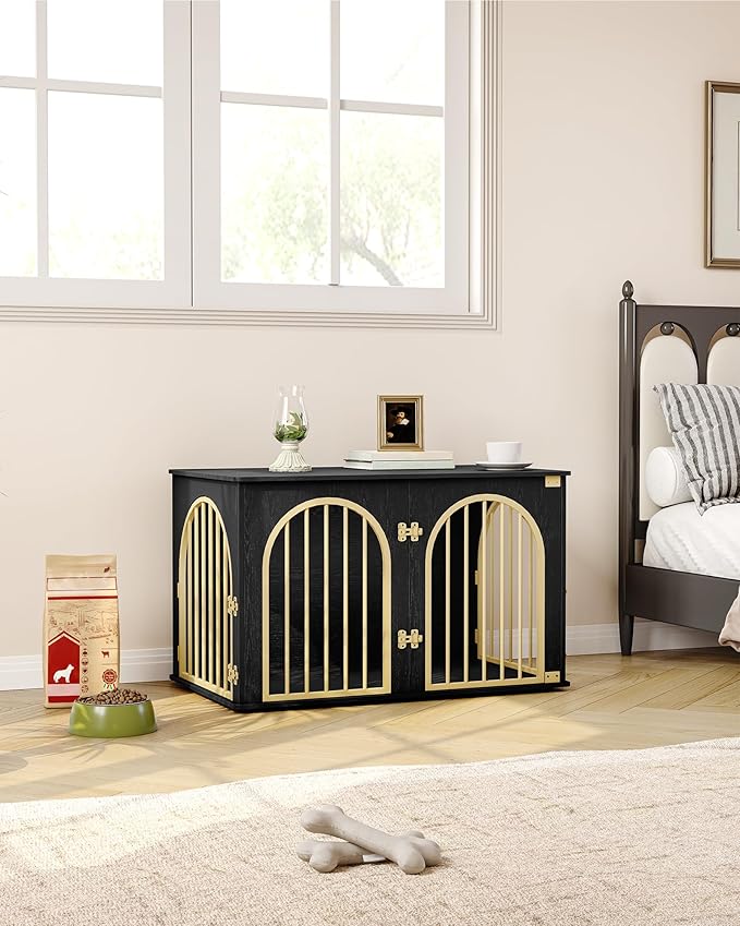 39.4" Wooden Dog Crate Furniture, Indoor Dog Kennel Dogs Cage for Small/Medium/Large Dogs, Heavy Duty Dog Crates Decorative Pet House End Side Table TV Stand, Black Gold DFC84104A