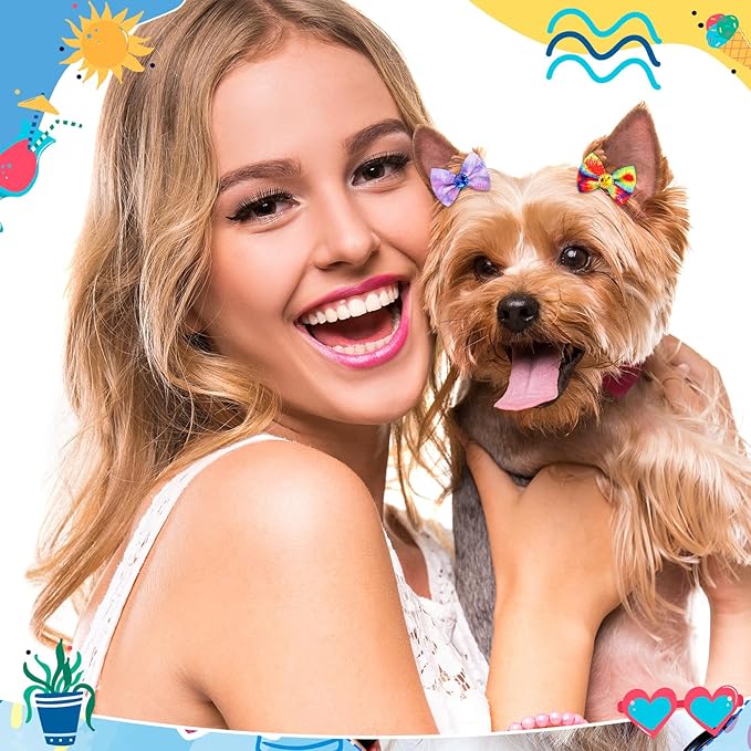 Tondiamo 100 Pack Tie Dye Dog Hair Bows for Dogs Spring Dog Hair Bows with Rubber Bands Puppy Rhinestone Grooming Dog Hair Accessories for Small Girl Dogs