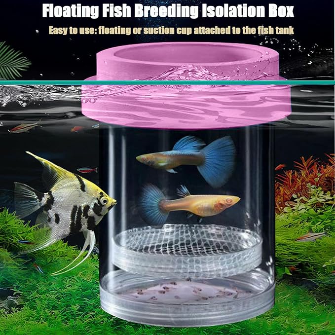 Breeder Box for Fish Tank, Plastic Aquarium Breeding Chamber, Floating Mesh Isolation Hatchery Incubator for Small Fish, Betta Shrimp Clownfish Guppy - Adjustable Nursery Tank Divider (Pink,Large)