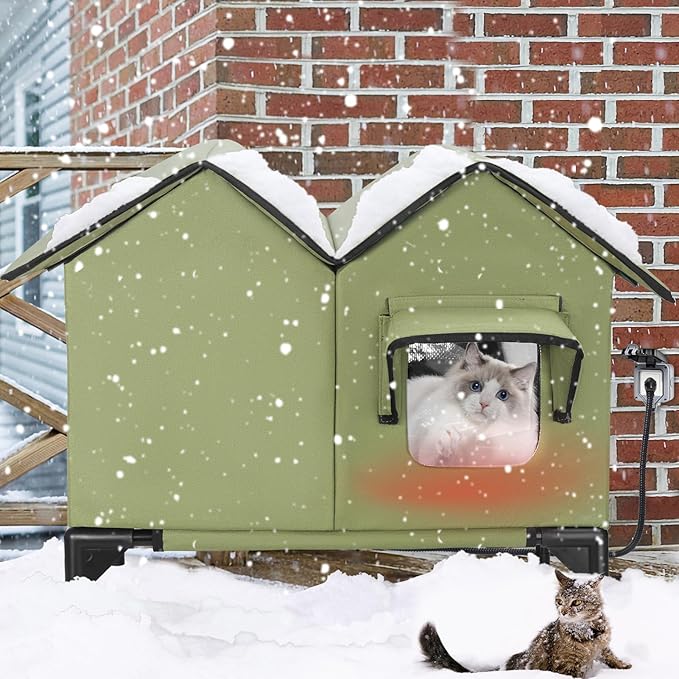 Large Heated Cat House for Outside in Winter, Elevated Waterproof Cat House for Outdoor Cats with Heating Pad, Insulated Heated Outdoor Cat House Weatherproof for Stray Cats Small Dogs (Green)
