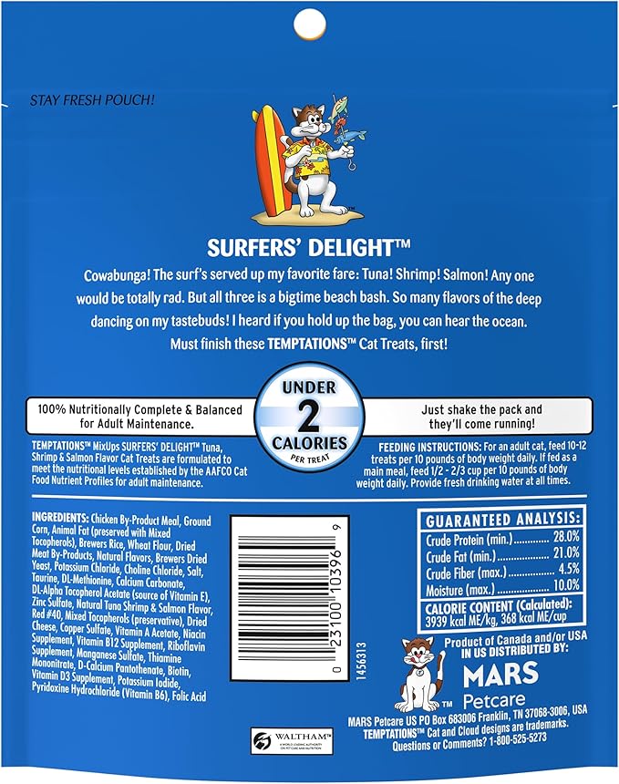 Temptations Cat Treats MixUps Surfer's Delight, Tuna, Shrimp, Salmon Flavor, Crunchy and Soft Cat Treats, 6.3 oz. Pouch (Pack of 10)
