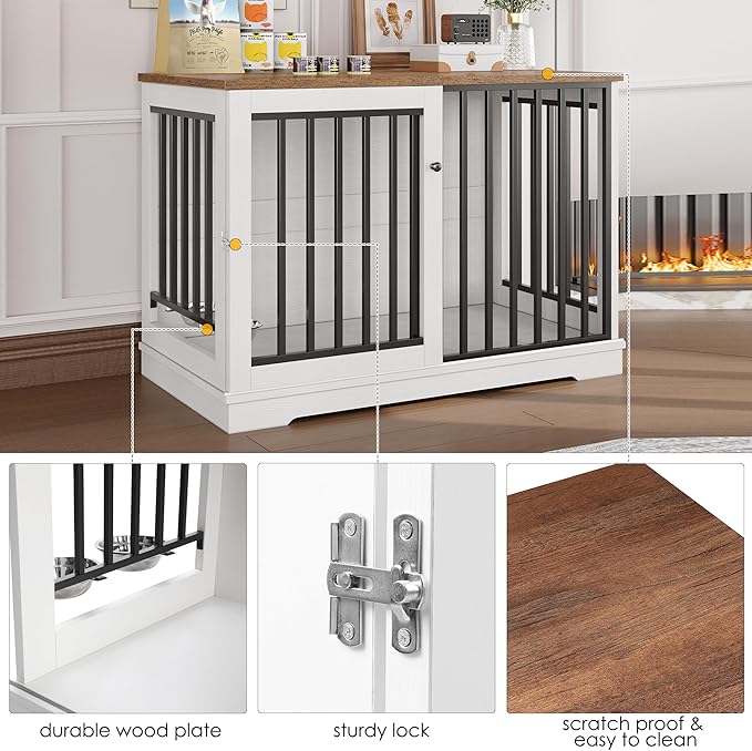TTVIEW 47” Large Dog Crate Furniture, Heavy Duty Dog Kennel Indoor with Sliding Door and 2 Adjustable Bowls, Rustic Wooden Dog Cage Pet House for Large Dogs, End Table for Living Room, White