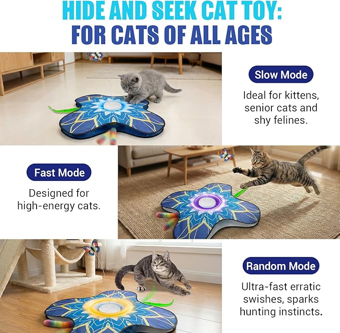 Interactive Cat Toy for Indoor Cats, Touch Activated Automatic Electronic Cat Toy with Sound On/Off, Dual Wands, Non-Slip Suction Cups, Rechargeable Hide and Seek Cat Play Mat for Bored Adult Kittens