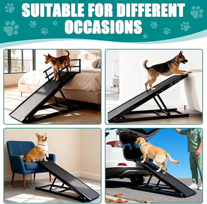CypherX Dog Ramp for Couch or Bed, 18" W Folding Wooden Pet Ramp with Anti-Slip Rubber Mat & 3 Removable Safety Side Rails, 6 Adjustable Height from 17" to 29" for Small & Large Dogs & Cats
