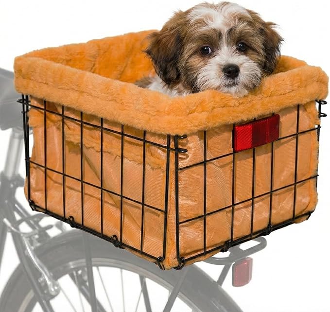 Xixter Pet Bike Basket with Liner & Mounting Hardware – Metal Wire Rear Bike Basket for Dogs & Cats – Comfortable Plush Bicycle Basket for Adult Bikes,Scooters – Secure Universal Rack Mount