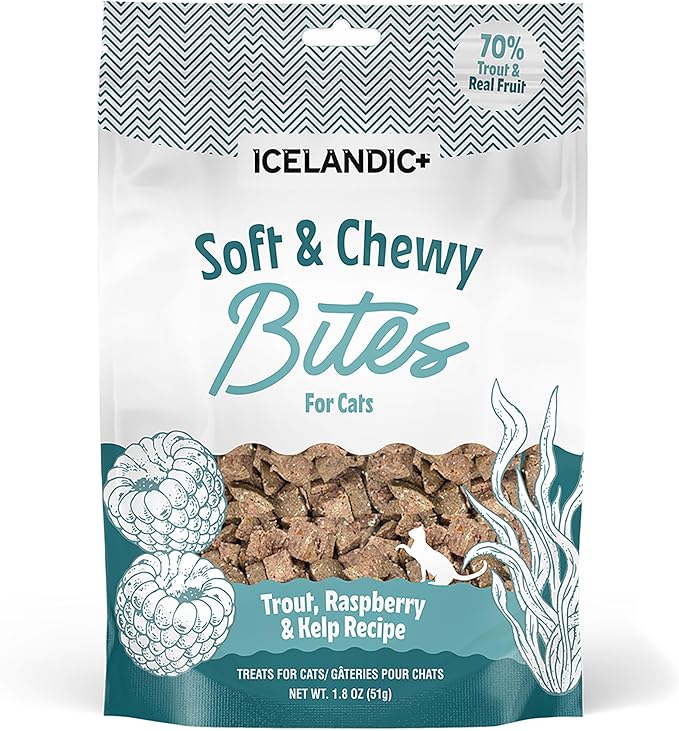 Icelandic+ Soft & Chewy Bites - Trout, Raspberry & Kelp - 1.8oz Cat Treats, 70% Meat & Fruit, Air-Dried, Limited Ingredients, Pet Snack, Grain Free