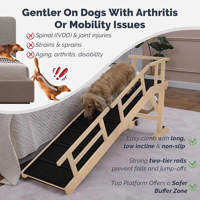 Dog Ramp for Bed or Couch, Wooden Pet Ramp with 20° Gentle Slope, Removable Side Rails, Non-Slip Surface, Top Platform & Wheels, Safe Bed Ramp for Small, Large & Senior Dogs, 60" Long, Natural