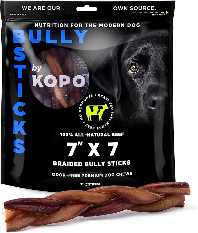 Kopo Dog Braided Bully Sticks 7 inch - Regular Size, 7 Pack - Chew Sticks - 100% All Natural Beef Pizzle, One Ingredient Treats - More Protein Than Collagen Sticks - Long Lasting Dog Treats